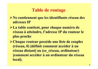 Table de routage
Ne contiennent que les identifiants réseau des
adresses IP
La table contient, pour chaque numéro de
réseau à atteindre, l’adresse IP du routeur le
plus proche
Chaque routeur possède une liste de couples
(réseau, 0) [définit comment accéder à un
réseau distant] ou (ce_réseau, ordinateur)
[comment accéder à un ordinateur du réseau
local].
                                                 8
 