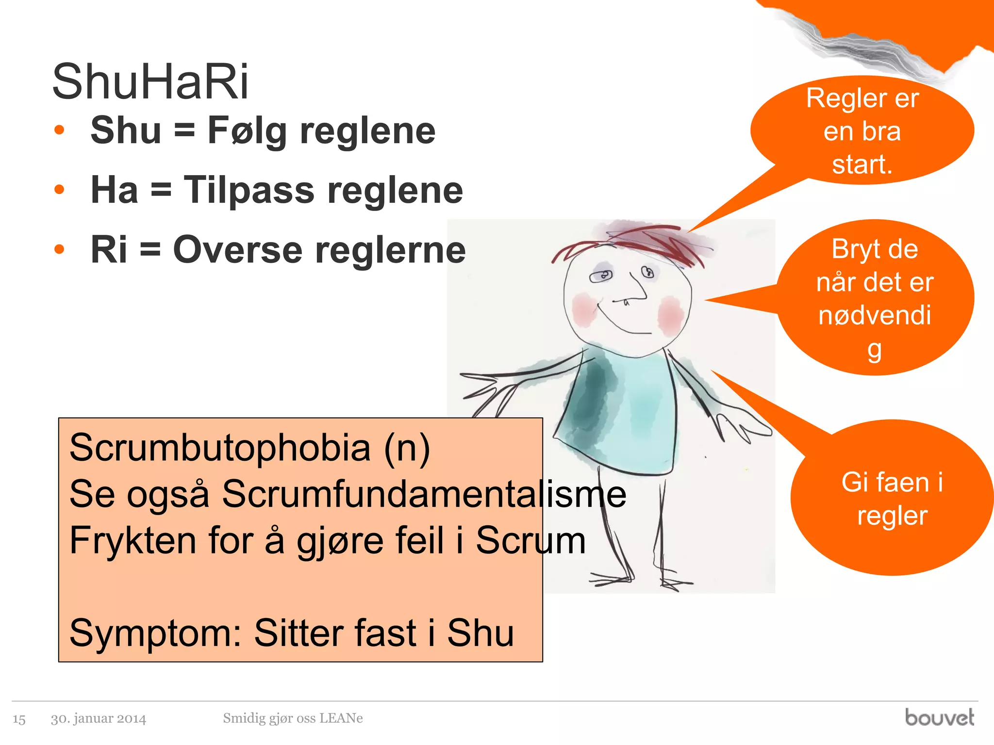 ShuHaRi

• Shu = Følg reglene
• Ha = Tilpass reglene
• Ri = Overse reglerne

Scrumbutophobia (n)
Se også Scrumfundamentalisme
Frykten for å gjøre feil i Scrum
Symptom: Sitter fast i Shu
15

30. januar 2014

Smidig gjør oss LEANe

Regler er
en bra
start.
Bryt de
når det er
nødvendi
g

Gi faen i
regler

 