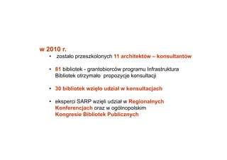 w 2010 r.
• zostało przeszkolonych 11 architektów – konsultantów
• 81 bibliotek - grantobiorców programu Infrastruktura
Bibliotek otrzymało propozycje konsultacji
• 30 bibliotek wzięło udział w konsultacjach
• eksperci SARP wzięli udział w Regionalnych
Konferencjach oraz w ogólnopolskim
Kongresie Bibliotek Publicznych
 