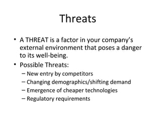 Threats
• A THREAT is a factor in your company’s
  external environment that poses a danger
  to its well-being.
• Possible Threats:
  – New entry by competitors
  – Changing demographics/shifting demand
  – Emergence of cheaper technologies
  – Regulatory requirements
 