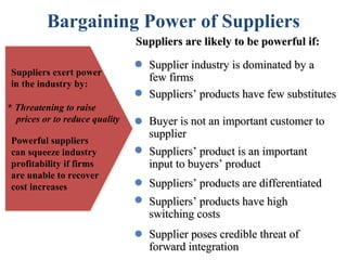 Bargaining Power of Suppliers
                                Suppliers are likely to be powerful if:

                                  Supplier industry is dominated by a
Suppliers exert power
                                  few firms
in the industry by:
                                  Suppliers’ products have few substitutes
* Threatening to raise
  prices or to reduce quality     Buyer is not an important customer to
                                  supplier
Powerful suppliers
can squeeze industry              Suppliers’ product is an important
profitability if firms            input to buyers’ product
are unable to recover
cost increases                    Suppliers’ products are differentiated
                                  Suppliers’ products have high
                                  switching costs
                                  Supplier poses credible threat of
                                  forward integration
 