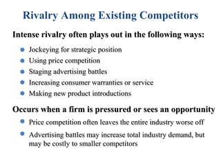 Rivalry Among Existing Competitors
Intense rivalry often plays out in the following ways:
    Jockeying for strategic position
    Using price competition
    Staging advertising battles
    Increasing consumer warranties or service
    Making new product introductions

Occurs when a firm is pressured or sees an opportunity
    Price competition often leaves the entire industry worse off
    Advertising battles may increase total industry demand, but
    may be costly to smaller competitors
 