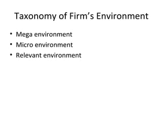 Taxonomy of Firm’s Environment
• Mega environment
• Micro environment
• Relevant environment
 