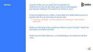 KAFKA Apache Kafka est une plate-forme logicielle de
traitement de flux de données open-source développée
par Apache Software Foundation en Scala et Java.
C’est une plate-forme unifiée, à haut débit et à faible latence pour la
gestion des flux de données en temps réel.
 couche de stockage : une file d'attente de messages massivement
extensible
Kafka se connecte à des systèmes externes (pour l'import / export de
données) via Kafka Connect
Kafka fournit Kafka Streams, une bibliothèque de traitement de flux
Java
11
 