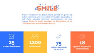 Avec de l’audace et des beaux projets, ajoutez une pincée de
culture visionnaire, une bonne dose d’innovation, saupoudrez le
tout d’une expertise technique pluridisciplinaire et vous
obtenez Smile, le leader européen de l’intégration et de
l’infogérance de solutions open source.
 