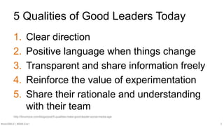#SMWSMILE | #SMILENET 3
5 Qualities of Good Leaders Today
1. Clear direction
2. Positive language when things change
3. Transparent and share information freely
4. Reinforce the value of experimentation
5. Share their rationale and understanding
with their team
http://forumone.com/blogs/post/5-qualities-make-good-leader-social-media-age
 