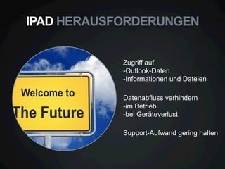 IPAD HERAUSFORDERUNGEN
Zugriff auf
-Outlook-Daten
-Informationen und Dateien
Datenabfluss verhindern
-im Betrieb
-bei Geräteverlust
Support-Aufwand gering halten

 