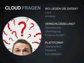 CLOUD FRAGEN

WO LIEGEN DIE DATEN?
Land
Anbieter
VERSCHLÜSSELUNG?
Speicherung
Übertragung
Ende-zu-Ende?
PLATTFORM?
Übergreifend
Passend
Schnittstellen

 