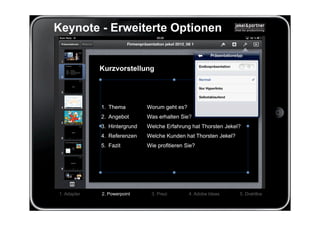 Keynote - Erweiterte Optionen




1. Adapter   2. Powerpoint   3. Prezi   4. Adobe Ideas   5. Drahtlos
 