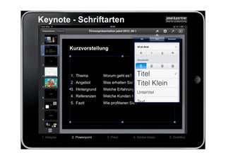 Keynote - Schriftarten




1. Adapter   2. Powerpoint   3. Prezi   4. Adobe Ideas   5. Drahtlos
 