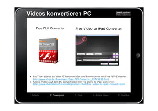 Videos konvertieren PC

      Free FLV Converter




 • YouTube-Videos auf dem PC herunterladen und konvertieren mit Free FLV-Converter: 
   http://www.chip.de/downloads/Free-FLV-Converter_29745288.html
 • Andere Videos auf dem PC konvertieren mit Free Video to iPad-Converter: 
   http://www.dvdvideosoft.com/de/products/dvd/free-video-to-ipad-converter.htm



1. Adapter        2. Powerpoint        3. Prezi       4. Adobe Ideas       5. Drahtlos
 