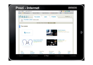Prezi - Internet




 1. Adapter   2. Powerpoint   3. Prezi   4. Adobe Ideas   5. Drahtlos
 