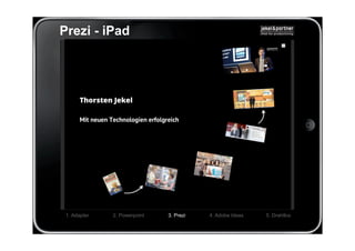 Prezi - iPad




 1. Adapter   2. Powerpoint   3. Prezi   4. Adobe Ideas   5. Drahtlos
 