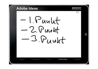 Adobe Ideas




1. Adapter   2. Powerpoint   3. Prezi   4. Adobe Ideas   5. Drahtlos
 