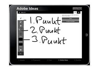 Adobe Ideas




1. Adapter   2. Powerpoint   3. Prezi   4. Adobe Ideas   5. Drahtlos
 