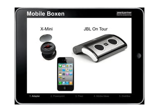 Mobile Boxen

             X-Mini                         JBL On Tour




1. Adapter       2. Powerpoint   3. Prezi       4. Adobe Ideas   5. Drahtlos
 