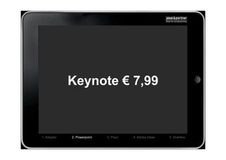 Keynote € 7,99



1. Adapter   2. Powerpoint   3. Prezi   4. Adobe Ideas   5. Drahtlos
 