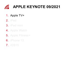 1. Apple TV+
2. iPad
3. iPad mini
4. Apple Watch
5. Apple Fitness+
6. iPhone 13
7. iOS15
APPLE KEYNOTE 09/2021
 
