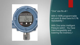 “One” size fits all !
With 0-100% programmable
set point & dead band & 0.1%
repeatability !
With One series intelligent
Pressure switch - You have
Interchangeability and
lowering the inventory !
 