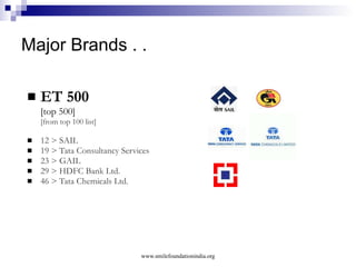 Few Other Brands with Smile Foundation ( Total 70 ) Barclays Capgemini HSBC Société Genéralé Tata Pipes Tech Mahindra Asian Hotels Ltd (Hyatt) CVENT Canara Bank Allahabad Bank Lotus Herbals Jindal Stainless Ltd. Symbian  Supportsoft Verint  www.smilefoundationindia.org 