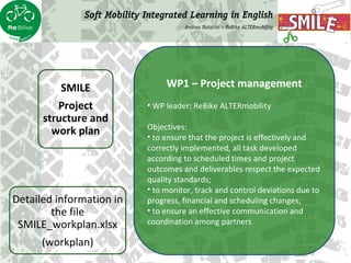 WP1 – Project management
• WP leader: ReBike ALTERmobility
Objectives:
• to ensure that the project is effectively and
cor...