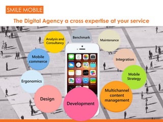 11
SMILE MOBILE
Integration
Mobile
Strategy
BenchmarkAnalysis and
Consultancy
Development
Maintenance
Multichannel
content
management
Mobile
commerce
Ergonomics
Design
The Digital Agency a cross expertise at your service
 