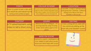 COLOUR SCHEME
CONTENT
FONTS LOCATION
EDITING
MISE-EN-SCENE
When it comes to text, a san serif
font would be used declaring the
serious tone of the project.
The start of the video would set the tone with
a gloomy colour scheme using blacks, greys,
dark colours maybe. Then for the end, the
colours lighten up as the characters do.
A TV advertisement using
video to tell a short story.
If possible, a range of settings will be
used giving each character a different
background. Places that were
included in the survey.
Bedrooms, a park, a workspace, all
that relates to both what causes
stress and what helps with stress.
Cross cutting will be used with
non-continuity editing as the
shots will jump between scenes.
SOUND
Without the use of dialogue, I am
working towards using the song
'Smile' which will be apart of the
advert.
 
