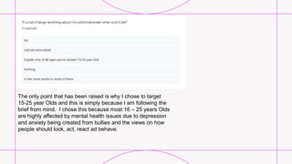 The only point that has been raised is why I chose to target
15-25 year Olds and this is simply because I am following the
brief from mind. I chose this because most 16 – 25 years Olds
are highly affected by mental health issues due to depression
and anxiety being created from bullies and the views on how
people should look, act, react ad behave.
 