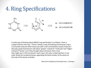 4. Ring Specifications
Taken from Handbook of Cheminformatics J.Gasteiger
A useful way of thinking about SMILES ring specification is as follows. There is
a graph theorem that says, “There is always a way of breaking one bond per ring in
a connected molecule which leaves you with a still-connected but acyclic molecule.’’
(Actually, graph theoreticians talk about “graphs” instead of ‘‘molecules’’and “edges”
instead of “bonds”, but if they thought about chemistry, that is how
they might say it.) Pick one bond in each ring in this way, numbering them in any
order. Break the numbered bonds, appending the bond number to the atoms on
the ends of the bonds so broken.
 