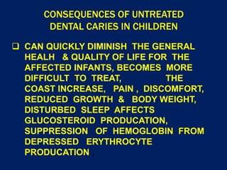 CONSEQUENCES OF UNTREATED
DENTAL CARIES IN CHILDREN
 CAN QUICKLY DIMINISH THE GENERAL
HEALH & QUALITY OF LIFE FOR THE
AFFECTED INFANTS, BECOMES MORE
DIFFICULT TO TREAT, THE
COAST INCREASE, PAIN , DISCOMFORT,
REDUCED GROWTH & BODY WEIGHT,
DISTURBED SLEEP AFFECTS
GLUCOSTEROID PRODUCATION,
SUPPRESSION OF HEMOGLOBIN FROM
DEPRESSED ERYTHROCYTE
PRODUCATION ,
 