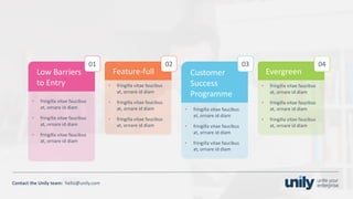 Clean presentation to LUXE
23Phone: +1(123) 456 789 email: mail@domain.com
Contact	the Unily	team:		hello@unily.com
• fringilla vitae	faucibus
at,	ornare id	diam
• fringilla vitae	faucibus
at,	ornare id	diam
• fringilla vitae	faucibus
at,	ornare id	diam
Low	Barriers	
to	Entry
01
• fringilla vitae	faucibus
at,	ornare id	diam
• fringilla vitae	faucibus
at,	ornare id	diam
• fringilla vitae	faucibus
at,	ornare id	diam
Feature-full
02
• fringilla vitae	faucibus
at,	ornare id	diam
• fringilla vitae	faucibus
at,	ornare id	diam
• fringilla vitae	faucibus
at,	ornare id	diam
Customer	
Success	
Programme
03
• fringilla vitae	faucibus
at,	ornare id	diam
• fringilla vitae	faucibus
at,	ornare id	diam
• fringilla vitae	faucibus
at,	ornare id	diam
Evergreen
04
 