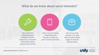 Clean presentation to LUXE
3Phone: +1(123) 456 789 email: mail@domain.com
Contact	the Unily	team:		hello@unily.com
What	do	we	know	about	social	intranets?
One	of	the	first	
consultancies	to	
integrate	Yammer	
(beta)	into	an	intranet	
(SharePoint	2013)	
project	with	the	RFU
Unily	is	social	at	heart,	
integrating	with	
Yammer	or	with	our	
own	in-built	social	tools
Part	of	our	Unily	
promise	is	to	help	
teams	to	drive	better	
usage	of	social	for	
business	gains
 