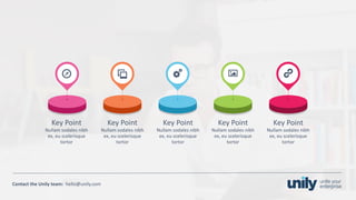 Clean presentation to LUXE
37Phone: +1(123) 456 789 email: mail@domain.com
Contact	the Unily	team:		hello@unily.com
Key	Point
Nullam sodales nibh
ex,	eu	scelerisque
tortor
Key	Point
Nullam sodales nibh
ex,	eu	scelerisque
tortor
Key	Point
Nullam sodales nibh
ex,	eu	scelerisque
tortor
Key	Point
Nullam sodales nibh
ex,	eu	scelerisque
tortor
Key	Point
Nullam sodales nibh
ex,	eu	scelerisque
tortor
 