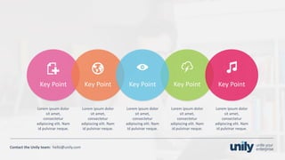 Clean presentation to LUXE
38Phone: +1(123) 456 789 email: mail@domain.com
Contact	the Unily	team:		hello@unily.com
Key	Point Key	Point Key	PointKey	Point Key	Point
Lorem	ipsum	dolor	
sit	amet,	
consectetur
adipiscing elit.	Nam	
id	pulvinar neque.
Lorem	ipsum	dolor	
sit	amet,	
consectetur
adipiscing elit.	Nam	
id	pulvinar neque.
Lorem	ipsum	dolor	
sit	amet,	
consectetur
adipiscing elit.	Nam	
id	pulvinar neque.
Lorem	ipsum	dolor	
sit	amet,	
consectetur
adipiscing elit.	Nam	
id	pulvinar neque.
Lorem	ipsum	dolor	
sit	amet,	
consectetur
adipiscing elit.	Nam	
id	pulvinar neque.
 