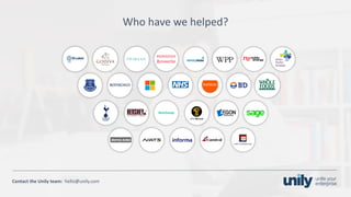 Clean presentation to LUXE
5Phone: +1(123) 456 789 email: mail@domain.com
Contact	the Unily	team:		hello@unily.com
Who	have	we	helped?
 