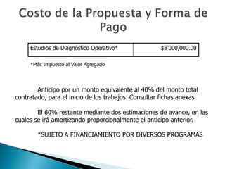 Estudios de Diagnóstico Operativo*               $8’000,000.00

     *Más Impuesto al Valor Agregado




        Anticipo por un monto equivalente al 40% del monto total
contratado, para el inicio de los trabajos. Consultar fichas anexas.

        El 60% restante mediante dos estimaciones de avance, en las
cuales se irá amortizando proporcionalmente el anticipo anterior.

        *SUJETO A FINANCIAMIENTO POR DIVERSOS PROGRAMAS
 