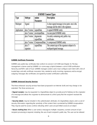 6
S/MIME Certificate Processing
S/MIME uses public-key certificates that conform to version 3 of X.509 (see Chapter 4). The key-
management scheme used by S/MIME is in some ways a hybrid between a strict X.509 certification
hierarchy and PGP’s web of trust. S/MIME managers and/or users must configure each client with a list of
trusted keys and with certificate revocation lists, needed to verify incoming signatures and to encrypt
outgoing messages. But certificates are signed by trusted certification authorities.
S/MIME Enhanced Security Services
The three enhanced security services have been proposed in an Internet draft, and may change or be
extended. The three services are:
• Signed receipts: may be requested in a SignedData object to provide proof of delivery to the originator
of a message and allows the originator to demonstrate to a third party that the recipient received the
message.
• Security labels: may be included in the authenticated attributes of a SignedData object, and is a set of
security information regarding the sensitivity of the content that is protected by S/MIME encapsulation.
They may be used for access control, indicating which users are permitted access to an object
• Secure mailing lists: When a user sends a message to multiple recipients, a certain amount of per-
recipient processing is required, including the use of each recipient's public key. The user can be relieved
 