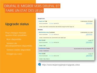 DRUPAL 8: MIGRER VERS DRUPAL 8?
Upgrade status
Pour chaque module
quatre états possibles:
• Non disponible
• Version de
développement disponible
• Version stable disponible
• Intégré au core
FAIRE UN ETAT DES LIEUX
© Copyright Smile - Toute reproduction interdite sans autorisation
https://www.drupal.org/project/upgrade_status
 