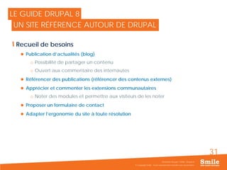 31
Recueil de besoins
 Publication d’actualités (blog)
o Possibilité de partager un contenu
o Ouvert aux commentaire des internautes
 Référencer des publications (référencer des contenus externes)
 Apprécier et commenter les extensions communautaires
o Noter des modules et permettre aux visiteurs de les noter
 Proposer un formulaire de contact
 Adapter l’ergonomie du site à toute résolution
© Copyright Smile - Toute reproduction interdite sans autorisation
Séminaire Acquia / Smile - Drupal 8
LE GUIDE DRUPAL 8
UN SITE RÉFÉRENCE AUTOUR DE DRUPAL
 