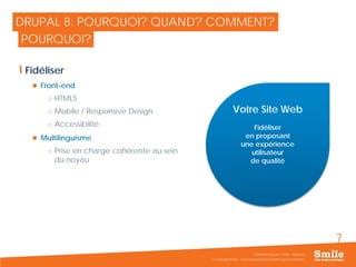 7
DRUPAL 8: POURQUOI? QUAND? COMMENT?
Fidéliser
 Front-end
o HTML5
o Mobile / Responsive Design
o Accessibilité
 Multilinguisme
o Prise en charge cohérente au sein
du noyau
© Copyright Smile - Toute reproduction interdite sans autorisation
Séminaire Acquia / Smile - Drupal 8
POURQUOI?
Votre Site Web
Fidéliser
en proposant
une expérience
utilisateur
de qualité
 