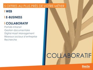 11
5 OFFRES AU PLUS PRÈS DE VOTRE MÉTIER
 WEB
 E-BUSINESS
 COLLABORATIF
Portails intranet
Gestion documentaire
Digital Asset Management
Réseaux sociaux d’entreprise
Recherche
COLLABORATIF
 