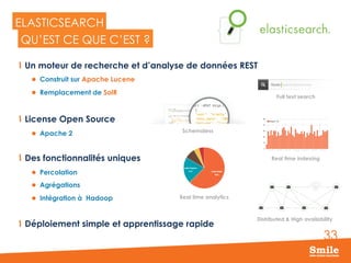 33
ELASTICSEARCH
  Un moteur de recherche et d’analyse de données REST
l  Construit sur Apache Lucene
l  Remplacement de SolR
  License Open Source
l  Apache 2
  Des fonctionnalités uniques
l  Percolation
l  Agrégations
l  Intégration à Hadoop
  Déploiement simple et apprentissage rapide
QU’EST CE QUE C’EST ?
Full text search
Schemaless
Real time indexing
Real time analytics
Distributed & High availability
 