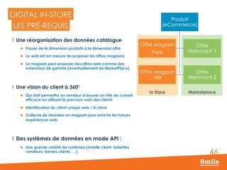 46
MarketplaceIn Store
DIGITAL IN-STORE
  Une réorganisation des données catalogue
l  Passer de la dimension produits à la dimension offre
l  Le web est en mesure de proposer les offres magasins
l  Le magasin peut proposer des offres web comme des
extensions de gamme (éventuellement de MarketPlace)
  Une vision du client à 360°
l  Qui doit permettre au vendeur d’assurer un rôle de conseil
efficace en utilisant le parcours web des clients
l  Identification du client unique web / in-store
l  Collecte de données en magasin pour enrichir les futures
expériences web
  Des systèmes de données en mode API :
l  Une grande variété de systèmes (mobile client, tablettes
vendeurs, bornes clients, …)
LES PRÉ-REQUIS
Produit
(eCommerce)
Offre Magasin
Paris
Offre
Merchant 1
Offre Magasin
Lille
Offre
Merchant 2
 