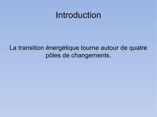 Introduction


La transition énergétique tourne autour de quatre
              pôles de changements.
 