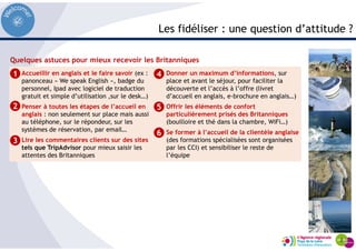 Les fidéliser : une question d’attitude ?
Accueillir en anglais et le faire savoir (ex :
panonceau « We speak English », badge du
personnel, Ipad avec logiciel de traduction
gratuit et simple d’utilisation ,sur le desk…)
Penser à toutes les étapes de l’accueil en
anglais : non seulement sur place mais aussi
au téléphone, sur le répondeur, sur les
systèmes de réservation, par email…
Lire les commentaires clients sur des sites
tels que TripAdvisor pour mieux saisir les
attentes des Britanniques
Donner un maximum d’informations, sur
place et avant le séjour, pour faciliter la
découverte et l’accès à l’offre (livret
d’accueil en anglais, e-brochure en anglais…)
Offrir les éléments de confort
particulièrement prisés des Britanniques
(bouilloire et thé dans la chambre, WiFi…)
Se former à l’accueil de la clientèle anglaise
(des formations spécialisées sont organisées
par les CCI) et sensibiliser le reste de
l’équipe
Quelques astuces pour mieux recevoir les Britanniques
1
2
3
4
5
6
 