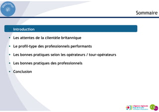 Introduction
Les attentes de la clientèle britannique
Le profil-type des professionnels performants
Les bonnes pratiques selon les opérateurs / tour-opérateurs
Les bonnes pratiques des professionnels
Conclusion
Sommaire
 