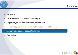 Introduction
Les attentes de la clientèle britannique
Le profil-type des professionnels performants
Les bonnes pratiques selon les opérateurs / tour-opérateurs
Les bonnes pratiques des professionnels
Conclusion
Sommaire
 