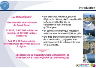 Introduction
Une attirance naturelle, pour les
Régions de l’Ouest, MAIS une clientèle
fortement sollicitée par la
concurrence (tant française
qu’étrangère)
Un contexte économique maussade
induisant une forte sensibilité au prix
Une trop grande familiarité/proximité
de la destination, conjuguée à un
positionnement de la France de plus
en plus élitiste.
Les BRITANNIQUES*
1ère clientèle internationale
du Grand Ouest
En 2013, 2 463 000 nuitées en
campings et 872 000 nuitées
hôtelières
Soit 25 à 30 % des nuitées
internationales observées dans ces
3 régions
NECESSITE DE SE MOBILISER POUR S’AMELIORER, SE
DIFFERENCIER ET RECONQUERIR LES BRITANNIQUES
 