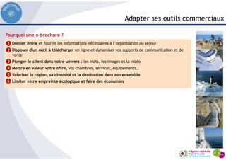 Adapter ses outils commerciaux
Donner envie et fournir les informations nécessaires à l’organisation du séjour
Disposer d'un outil à télécharger en ligne et dynamiser vos supports de communication et de
vente
Plonger le client dans votre univers : les mots, les images et la vidéo
Mettre en valeur votre offre, vos chambres, services, équipements…
Valoriser la région, sa diversité et la destination dans son ensemble
Limiter votre empreinte écologique et faire des économies
1
2
3
Pourquoi une e-brochure ?
4
5
6
 