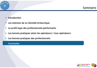 Introduction
Les attentes de la clientèle britannique
Le profil-type des professionnels performants
Les bonnes pratiques selon les opérateurs / tour-opérateurs
Les bonnes pratiques des professionnels
Conclusion
Sommaire
 